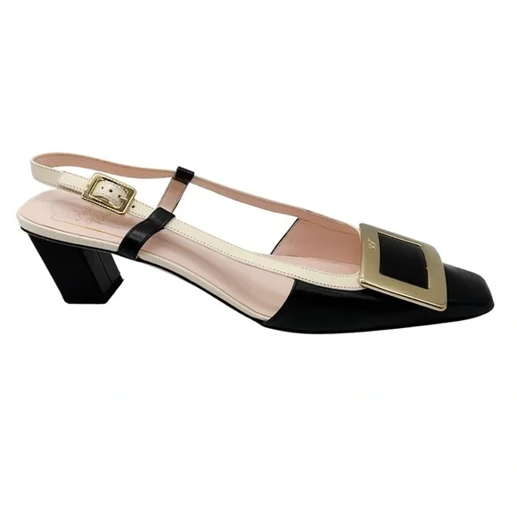 ROGER VIVIER BLACK / IVORY / GOLD BUCKLE LOW HEEL LEATHER SLINGBACK PUMPS - Picture 2 of 7